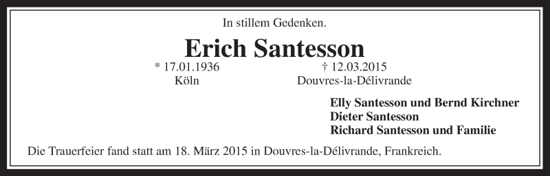  Traueranzeige für Erich Santesson vom 25.03.2015 aus  Wochenende 