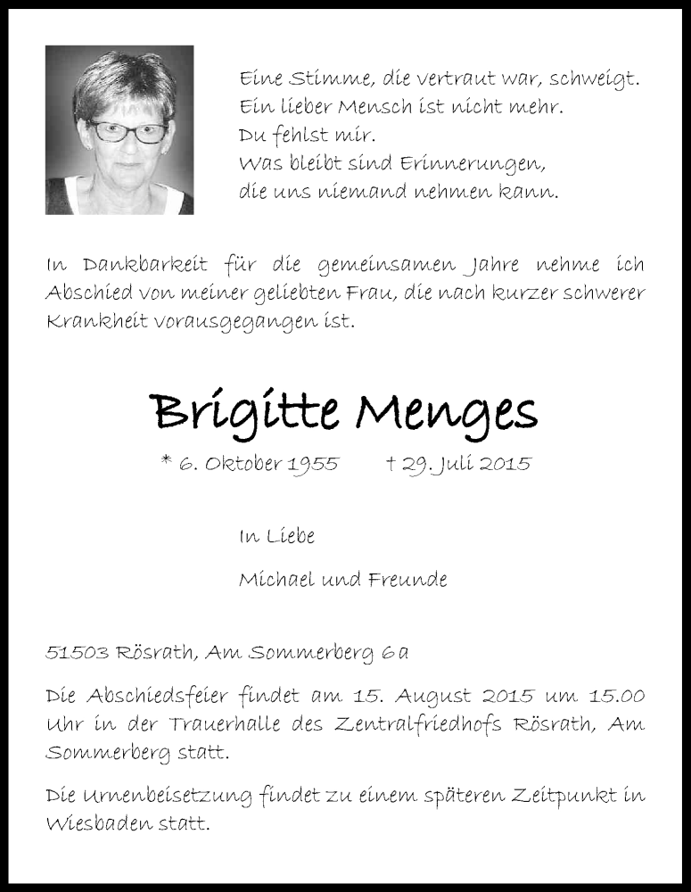 Traueranzeige für Brigitte Menges vom 08.08.2015 aus Kölner Stadt-Anzeiger / Kölnische Rundschau / Express