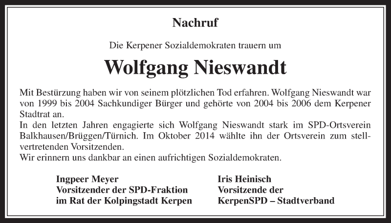 Traueranzeige für Wolfgang Nieswandt vom 28.01.2015 aus  Werbepost 