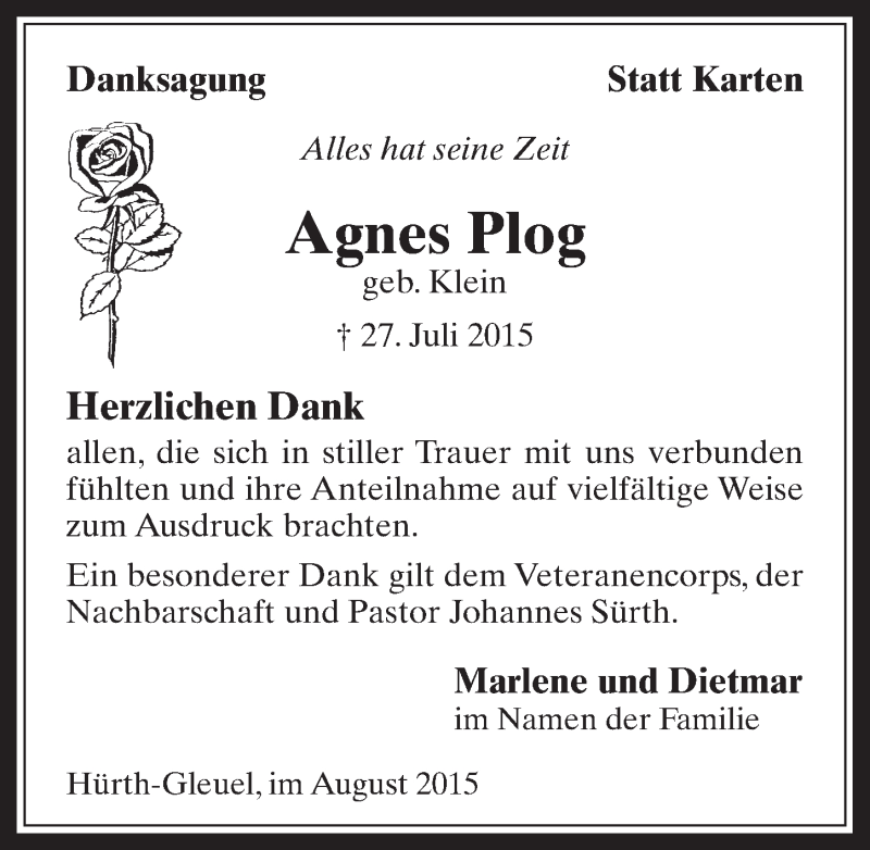  Traueranzeige für Agnes Plog vom 02.09.2015 aus  Wochenende 