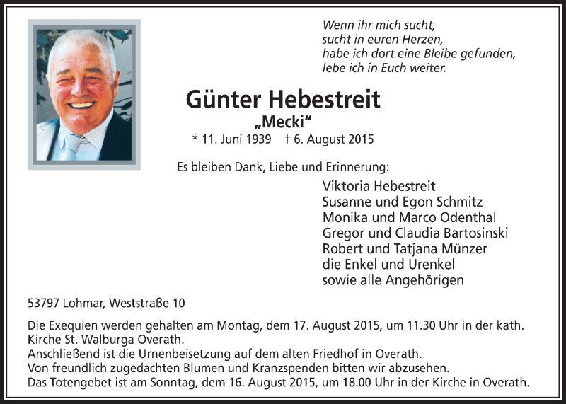  Traueranzeige für Günter Hebestreit vom 12.08.2015 aus  Bergisches Handelsblatt 