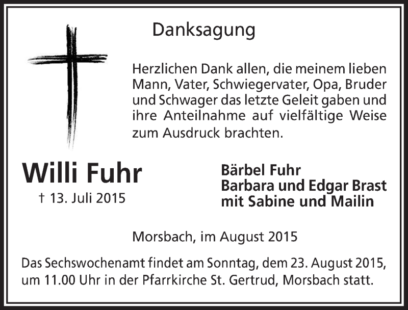  Traueranzeige für Willi Fuhr vom 19.08.2015 aus  Lokalanzeiger 