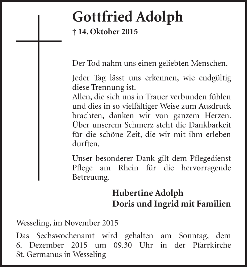  Traueranzeige für Gottfried Adolph vom 25.11.2015 aus  Schlossbote/Werbekurier 