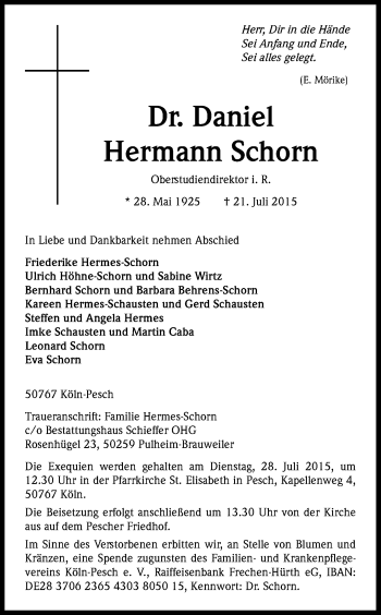 Anzeige von Daniel Hermann  Schorn von Kölner Stadt-Anzeiger / Kölnische Rundschau / Express