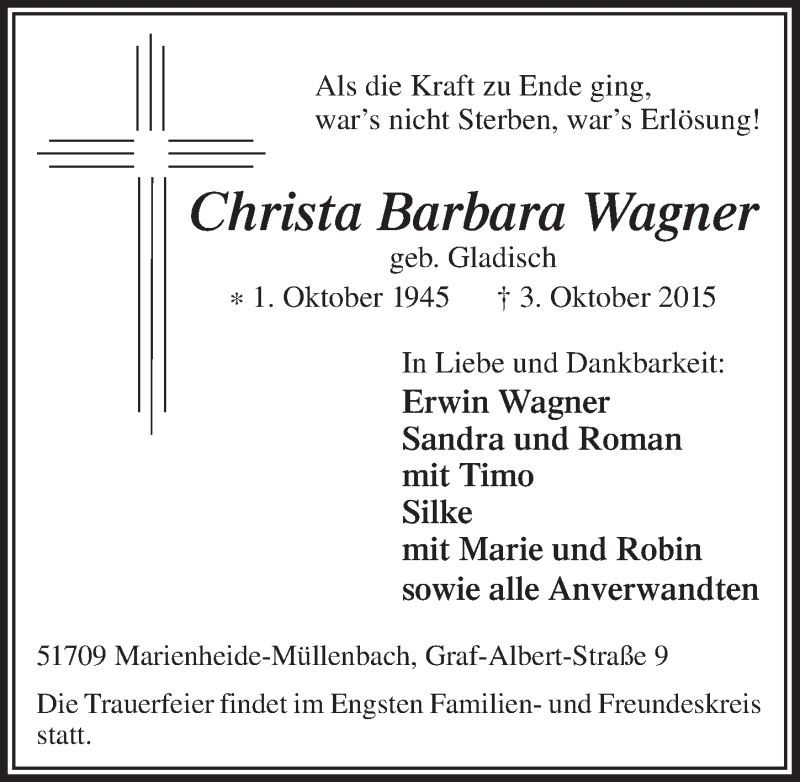  Traueranzeige für Christa Barbara Wagner vom 14.10.2015 aus  Anzeigen Echo 