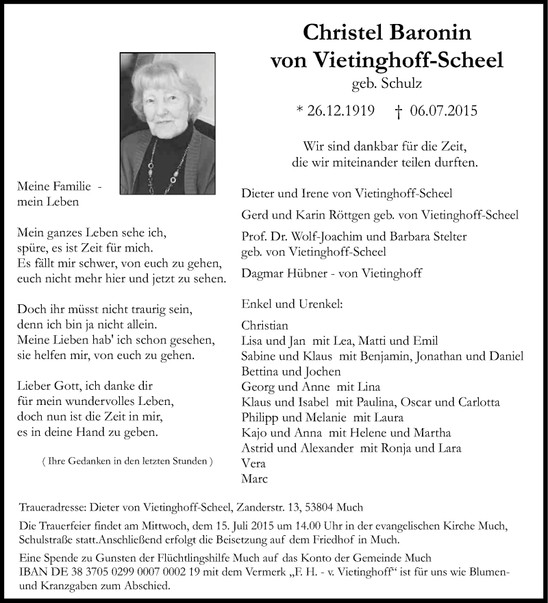  Traueranzeige für Christel Vietinghoff-Scheel vom 11.07.2015 aus Kölner Stadt-Anzeiger / Kölnische Rundschau / Express