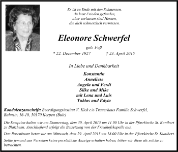 Anzeige von Eleonore Schwerfel von Kölner Stadt-Anzeiger / Kölnische Rundschau / Express