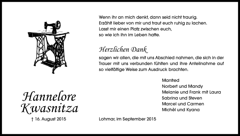  Traueranzeige für Hannelore Kwasnitza vom 12.09.2015 aus Kölner Stadt-Anzeiger / Kölnische Rundschau / Express
