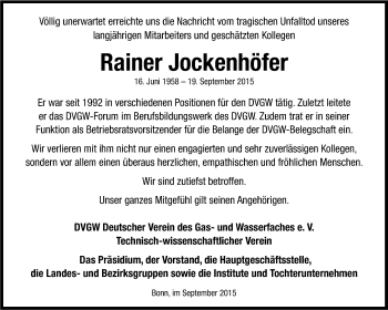 Anzeige von Rainer Jockenhöfer von Kölner Stadt-Anzeiger / Kölnische Rundschau / Express