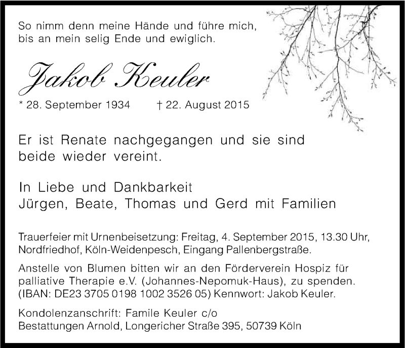  Traueranzeige für Jakob Keuler vom 29.08.2015 aus Kölner Stadt-Anzeiger / Kölnische Rundschau / Express