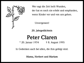 Anzeige von Peter Claren von Kölner Stadt-Anzeiger / Kölnische Rundschau / Express