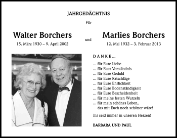 Anzeige von Walter und Marlies Borchers von Kölner Stadt-Anzeiger / Kölnische Rundschau / Express