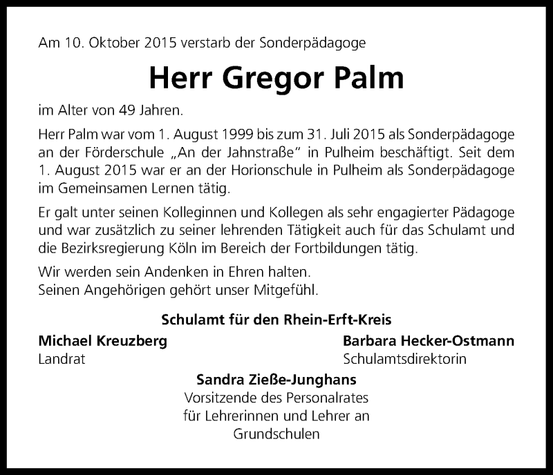  Traueranzeige für Gregor Palm vom 17.10.2015 aus Kölner Stadt-Anzeiger / Kölnische Rundschau / Express