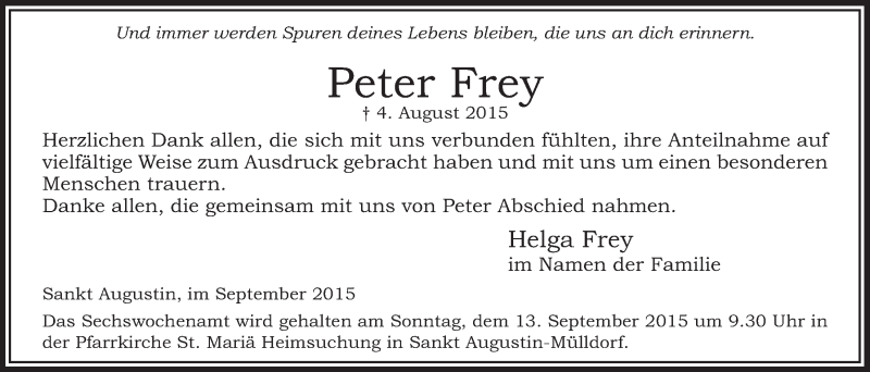  Traueranzeige für Peter Frey vom 09.09.2015 aus  Extra Blatt 