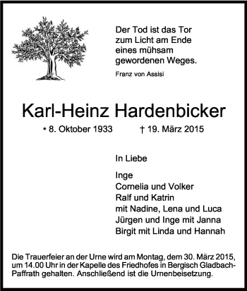 Anzeige von Karl-Heinz Hardenbicker von Kölner Stadt-Anzeiger / Kölnische Rundschau / Express