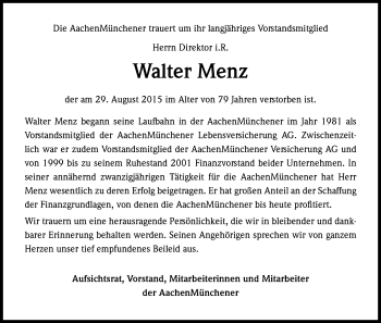 Anzeige von Walter Menz von Kölner Stadt-Anzeiger / Kölnische Rundschau / Express