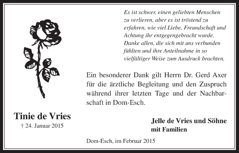  Traueranzeige für Tinie de Vries vom 15.02.2015 aus  Blickpunkt Euskirchen 