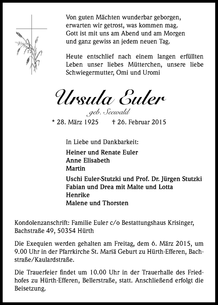  Traueranzeige für Ursula Euler vom 03.03.2015 aus Kölner Stadt-Anzeiger / Kölnische Rundschau / Express