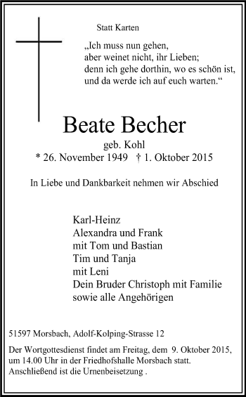 Anzeige von Beate Becher von Kölner Stadt-Anzeiger / Kölnische Rundschau / Express