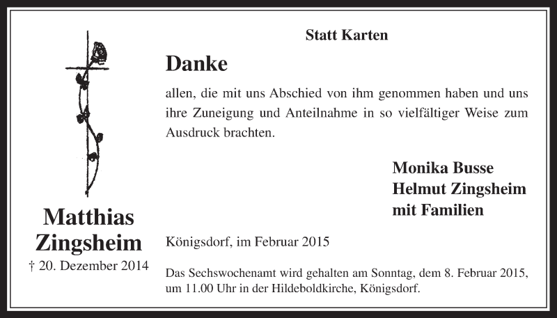  Traueranzeige für Matthias Zingsheim vom 04.02.2015 aus  Wochenende 