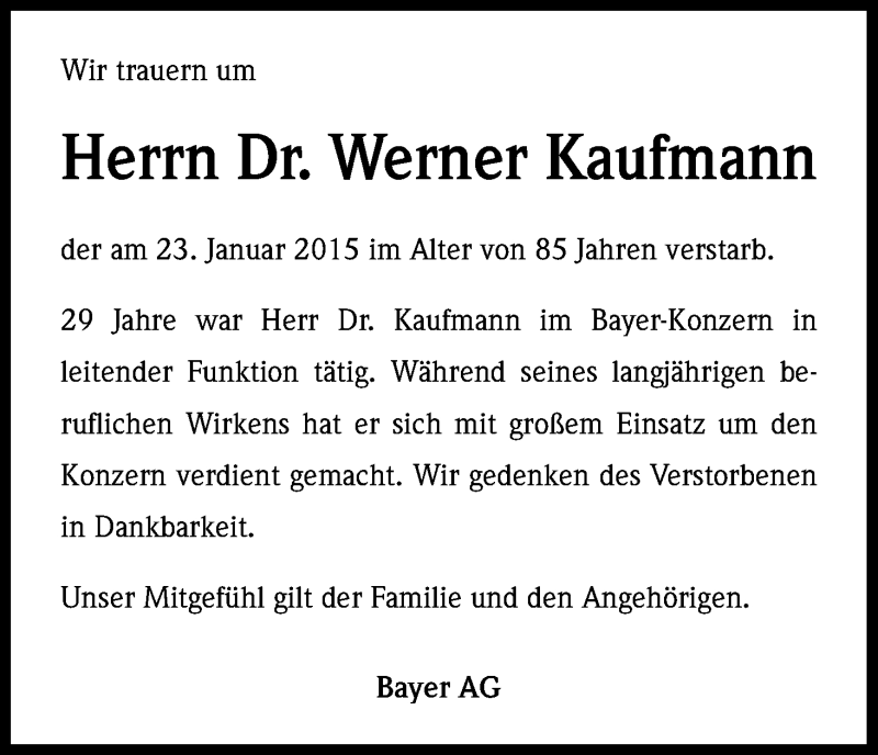  Traueranzeige für Werner Kaufmann vom 09.02.2015 aus Kölner Stadt-Anzeiger / Kölnische Rundschau / Express