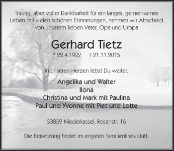Anzeige von Gerhard Tietz von  Extra Blatt 