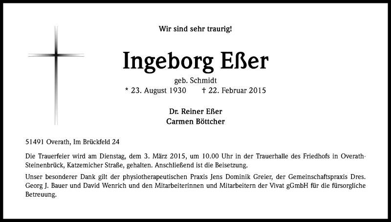  Traueranzeige für Ingeborg Eßer vom 28.02.2015 aus Kölner Stadt-Anzeiger / Kölnische Rundschau / Express