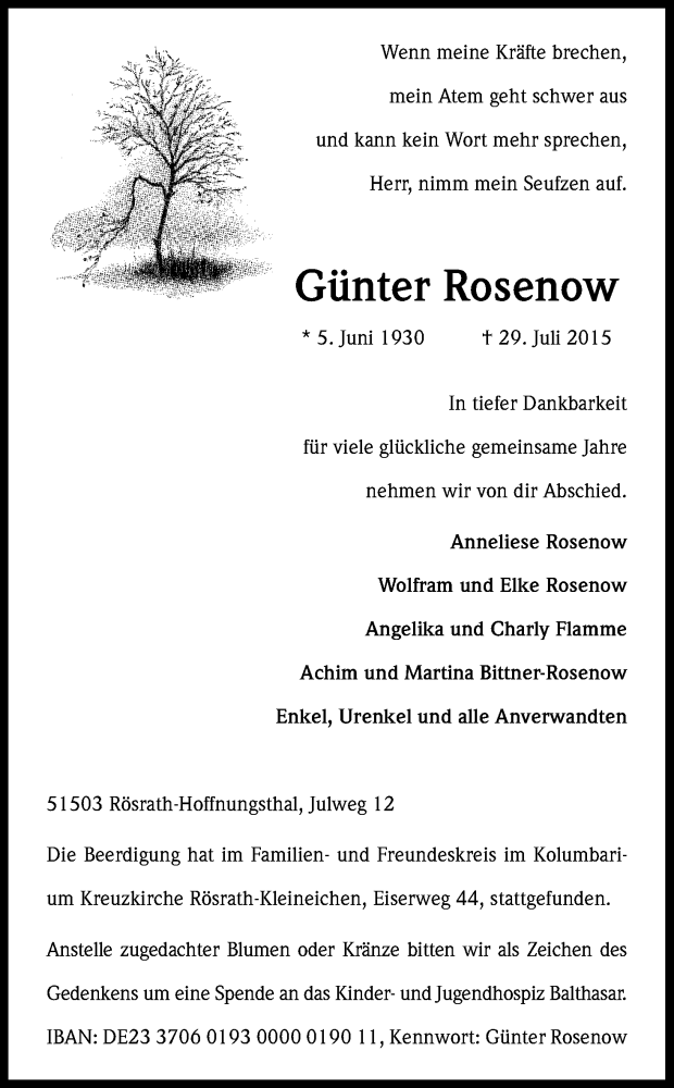  Traueranzeige für Günter Rosenow vom 22.08.2015 aus Kölner Stadt-Anzeiger / Kölnische Rundschau / Express