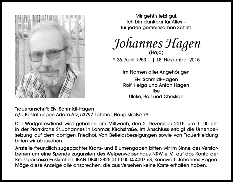  Traueranzeige für Johannes Hagen vom 21.11.2015 aus Kölner Stadt-Anzeiger / Kölnische Rundschau / Express