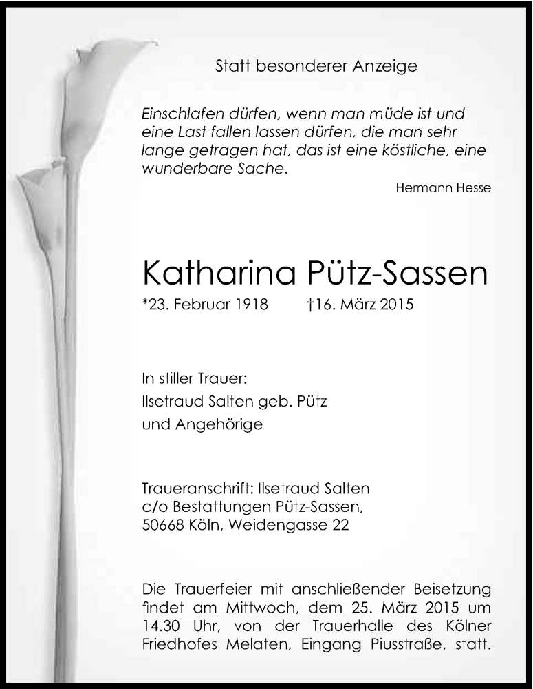  Traueranzeige für Katharina Pütz-Sassen vom 21.03.2015 aus Kölner Stadt-Anzeiger / Kölnische Rundschau / Express