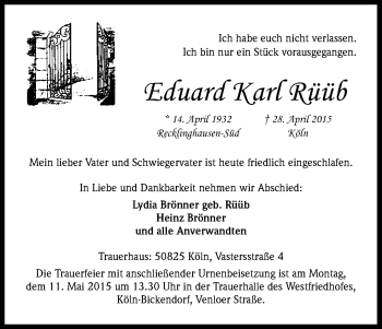 Anzeige von Eduard Karl Rüüb von Kölner Stadt-Anzeiger / Kölnische Rundschau / Express