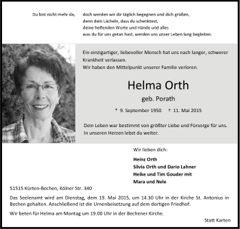 Anzeige von Helma Orth von Kölner Stadt-Anzeiger / Kölnische Rundschau / Express