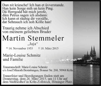 Anzeige von Martin Stemmeler von Kölner Stadt-Anzeiger / Kölnische Rundschau / Express