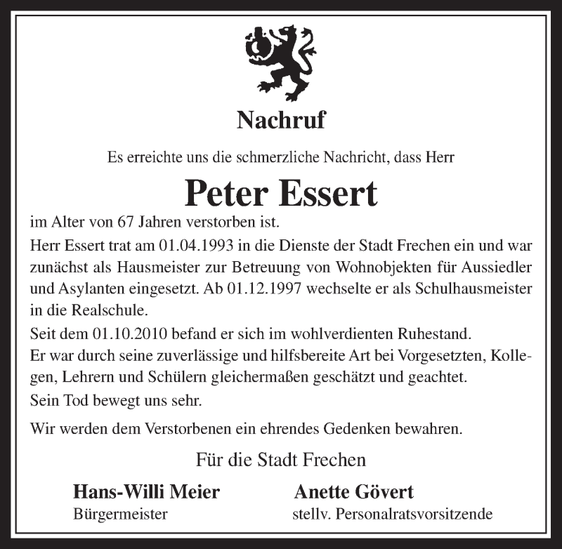  Traueranzeige für Peter Essert vom 12.08.2015 aus  Wochenende 