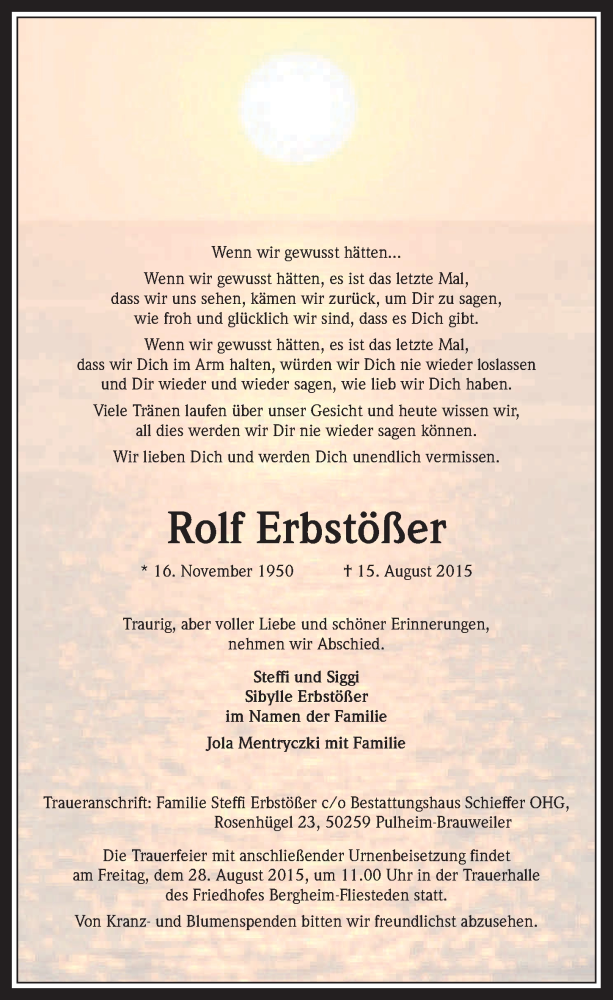  Traueranzeige für Rolf Erbstößer vom 26.08.2015 aus  Werbepost 