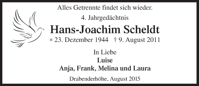  Traueranzeige für Hans-Joachim Scheldt vom 05.08.2015 aus  Anzeigen Echo 