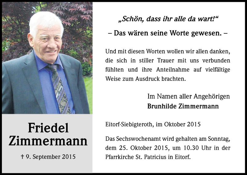  Traueranzeige für Friedel Zimmermann vom 17.10.2015 aus Kölner Stadt-Anzeiger / Kölnische Rundschau / Express