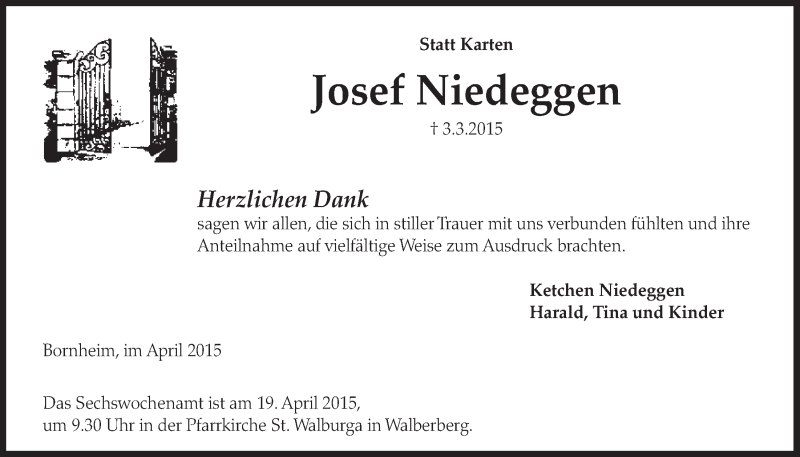  Traueranzeige für Josef Niedeggen vom 08.04.2015 aus  Schlossbote/Werbekurier 