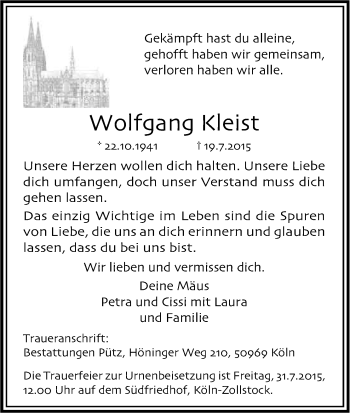 Anzeige von Wolfgang Kleist von Kölner Stadt-Anzeiger / Kölnische Rundschau / Express