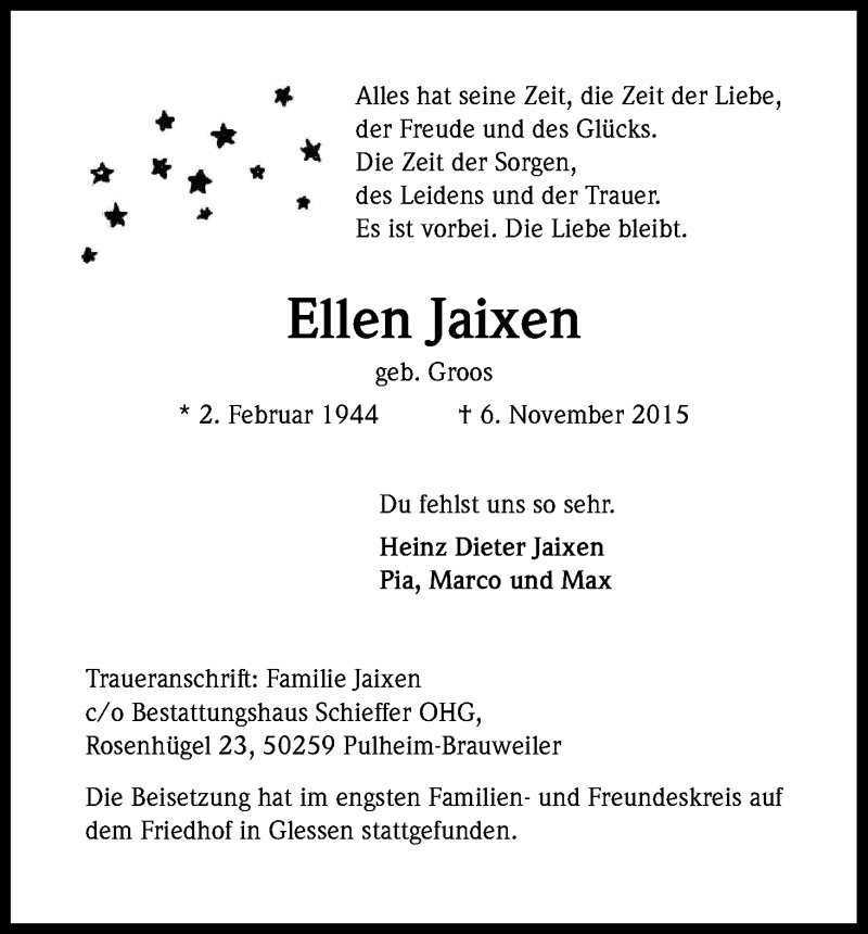  Traueranzeige für Ellen Jaixen vom 25.11.2015 aus Kölner Stadt-Anzeiger / Kölnische Rundschau / Express