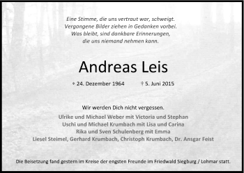 Anzeige von Andreas Leis von Kölner Stadt-Anzeiger / Kölnische Rundschau / Express