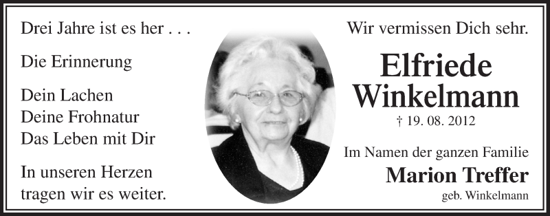  Traueranzeige für Elfriede Winkelmann vom 22.08.2015 aus  Bergisches Sonntagsblatt 