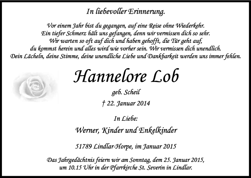 Traueranzeige für Hannelore Lob vom 22.01.2015 aus Kölner Stadt-Anzeiger / Kölnische Rundschau / Express