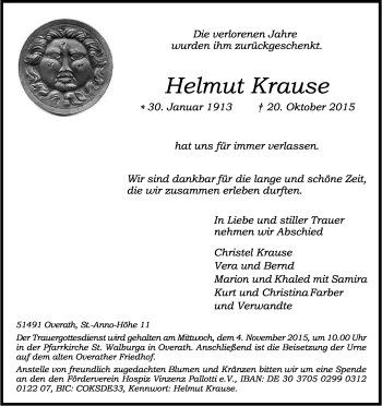 Anzeige von Helmut Krause von Kölner Stadt-Anzeiger / Kölnische Rundschau / Express