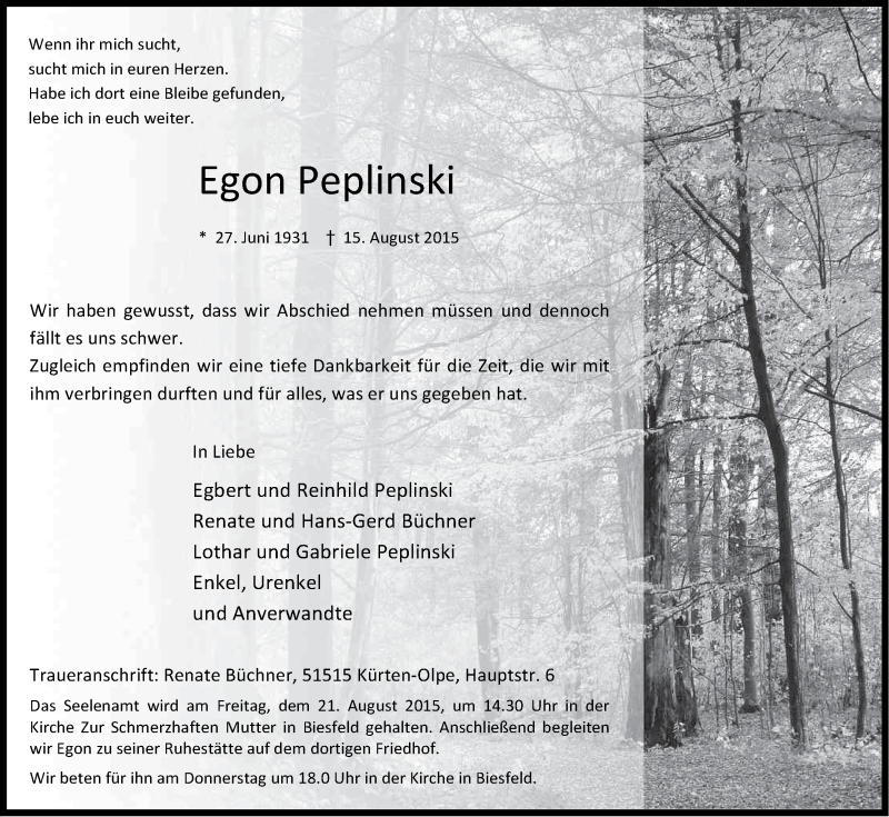  Traueranzeige für Egon Peplinski vom 19.08.2015 aus Kölner Stadt-Anzeiger / Kölnische Rundschau / Express