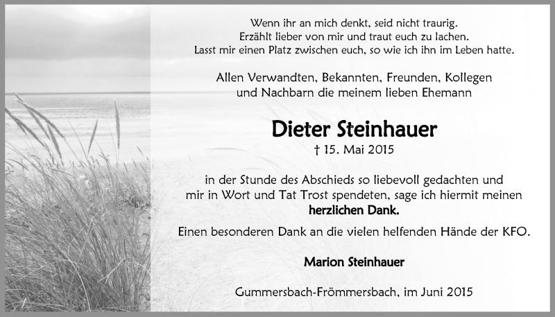  Traueranzeige für Dieter Steinhauer vom 17.06.2015 aus  Anzeigen Echo 