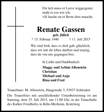 Anzeige von Renate Gassen von Kölner Stadt-Anzeiger / Kölnische Rundschau / Express