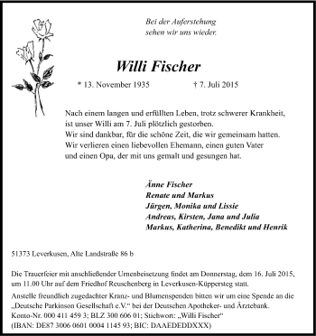 Anzeige von Willi Fischer von Kölner Stadt-Anzeiger / Kölnische Rundschau / Express