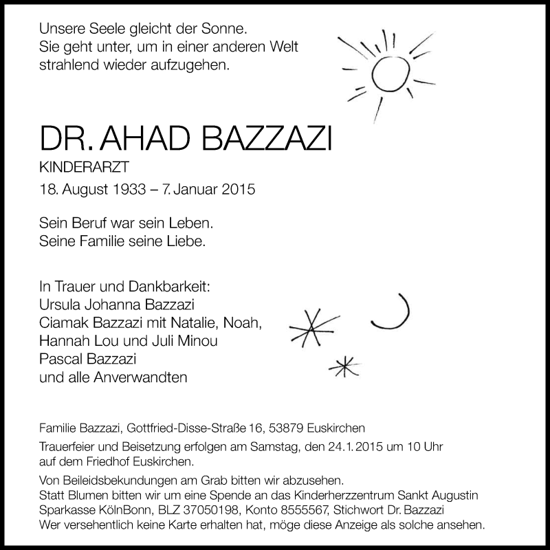  Traueranzeige für Ahad Bazzazi vom 17.01.2015 aus Kölner Stadt-Anzeiger / Kölnische Rundschau / Express