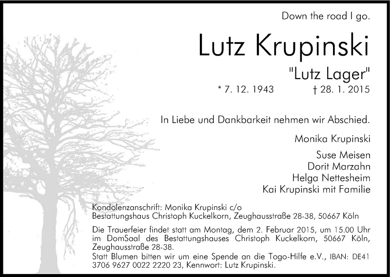  Traueranzeige für Lutz Krupinski vom 30.01.2015 aus Kölner Stadt-Anzeiger / Kölnische Rundschau / Express